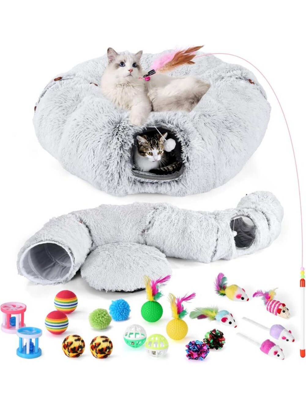 Cozy Cat Tunnel Bed & 20 Interactive Toys - 3-in-1 Plush Play Tube for Kittens